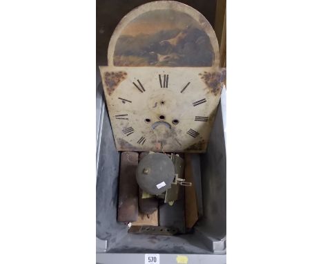 Eight day long case clock movement, with 12' painted arch dial painted with gun dogs and two weights (af) 