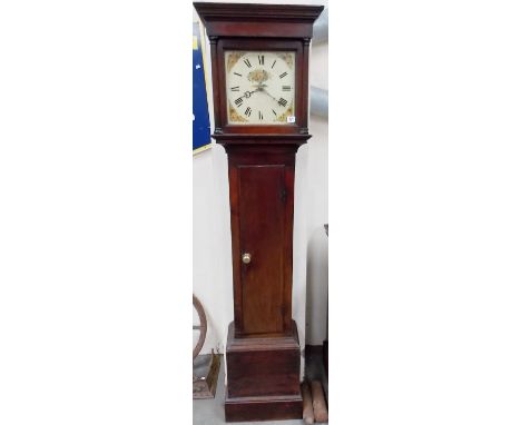 Late 18th Century/early 19th Century mahogany 30 hour long case clock, the 11' square painted dial signed M. Barrett, height 
