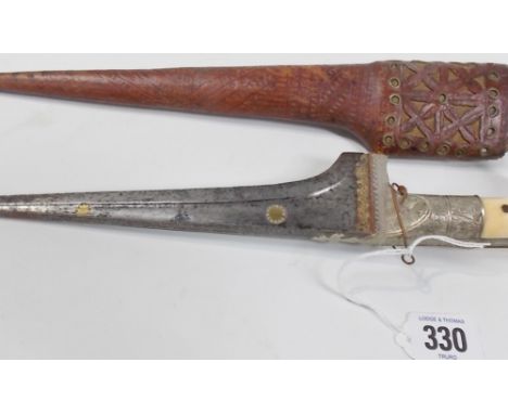 19th Century Indo-Persian pesh Kabz dagger with ivory handle and engraved white metal mount, the blade of T Section with four