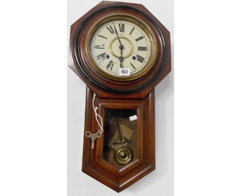 American two train drop dial wall clock with stained walnut octagonal case, height 22.5'