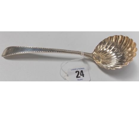 George III silver old English pattern bright cut sauce ladle with scallop shell bowl, maker TC (?), London 1777, weight 2oz a