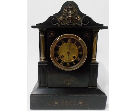 Black slate two train mantle clock, the 4' dial flanked by a pair of Corinthian columns, height 14'