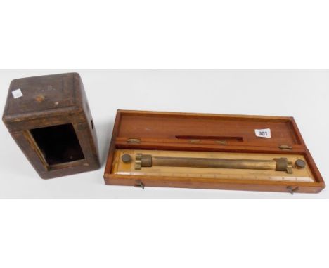 Brown Moroccan leather covered carriage clock case, together with a draughtsman rule by Heath & Co London within fitted box.