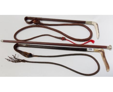 Gent's antler handle leather woven hunting whip by Swaine together with one other and a riding cane (3).