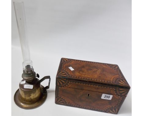 19th Century burr walnut and marquetry rectangular tea caddy, width 9' (lacks interior), together with a brass chamber oil la