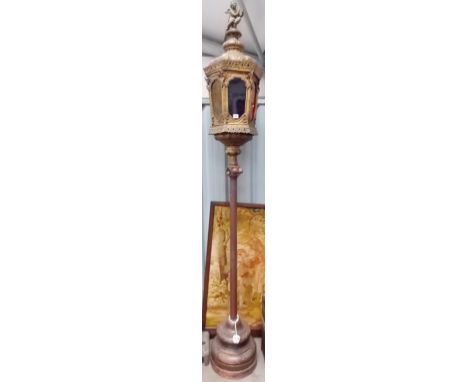 Good Venetian gondola style gilt metal and coloured glass lantern/standard lamp, the hexagonal lantern of Rococo design surmo