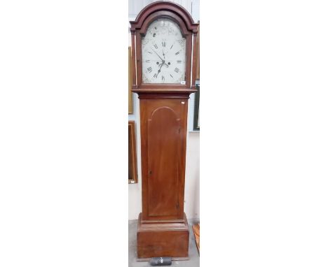 Eight day long case clock, the 12' arched white enamel dial signed Henry Sampson Penzance, within arched mahogany case, heigh