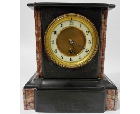 Black slate and red marble mantle clock, the 3.5' dial with a French movement, height 9'