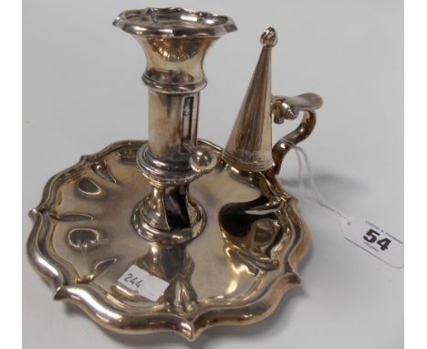 George IV silver candlestick and snuffer, with serpentine edge, propelling stem and scroll handle, maker by F & CO, Sheffield