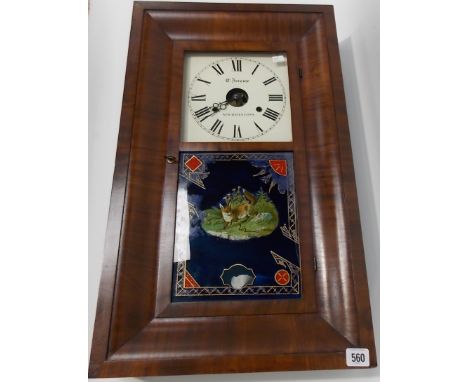 American Chauncey Jerome two train wall clock within ogee mahogany veneered rectangular case with a painted and printed door 