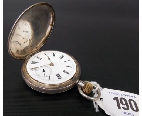 Silver full hunter engine turned pocket watch with winding crown