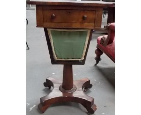 William IV rosewood work table, the frieze with a single drawer and with a sliding basket under upon octagonal supports and q