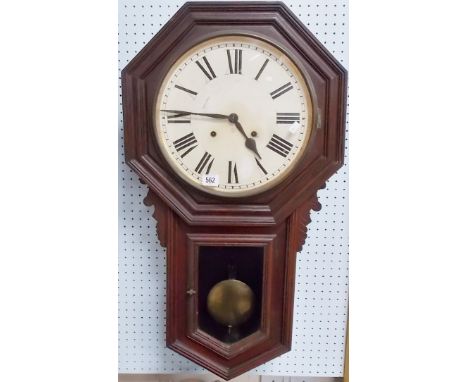Ansonia two train drop dial wall clock within an oak octagonal case, height 31'