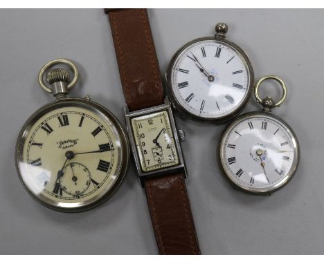 A gentleman's steel Cyma rectangular dial manual wind wrist watch, two silver fob watches and a nickel cased pocket watch.
