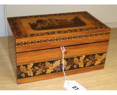 A Tunbridge ware two-division tea caddy, the lid decorated with a view of Tonbridge Castle and oak leaf and acorn band width 