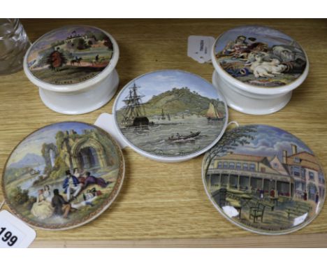 Two Prattware potlids and bases, 'Peace' (219) and 'Walmer Castle' (45) and three other potlids, including 'Napirima, Trinida