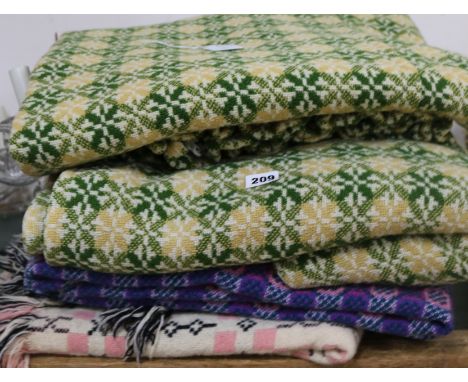 A vintage woven Welsh blanket and two pairs of similar curtains