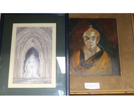 Oil, portrait, signed, 22 x 23cm. and a Bridget eaves watercolour, 20 x 12cm
