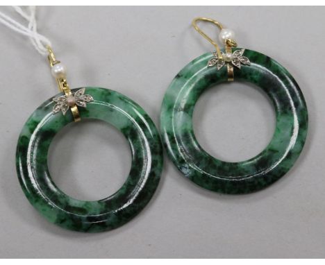 A pair of spinach jade, rose cut diamond and cultured pearl set hoop earrings, 36mm.