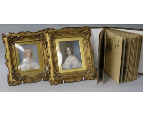 Two portrait miniatures of Jane and Sophia Hope-Vere c.1837 and a leather bound album of poems
