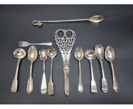 An unusual white metal spoon, having ram's head terminal, 20cm; together with two Colonial or American silver spoons; three G