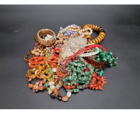 A coral necklace; together with various natural stone necklaces and costume jewellery. 