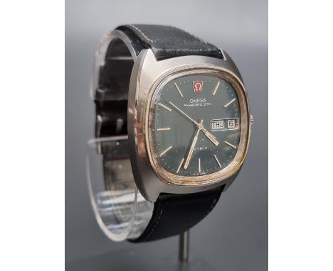 A vintage Omega Megaquartz 32KHz, stainless steel wristwatch,&nbsp;44mm, on leather strap with Omega clasp. (a.f) 