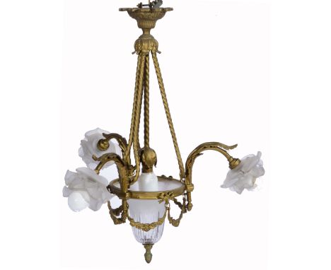 AN ANTIQUE GILT METAL HANGING LIGHT FITTING with fluted glass bowl and rose moulded shade on the three scrolling arms, 58cm h