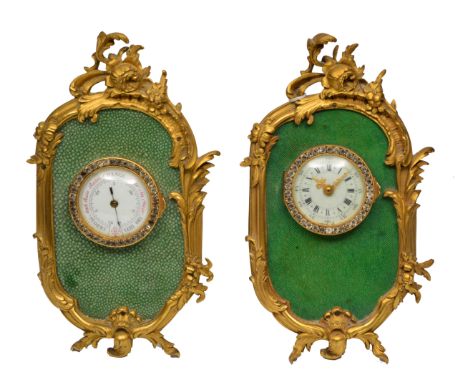 A MATCHING FRENCH ORMOLU AND SHAGREEN DESK STRUT CLOCK AND BAROMETER each in paste set rococo frame with enamelled dials and 