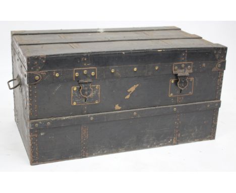 AN EARLY 20TH CENTURY BLACK PAINTED TRUNK 76cm wide 