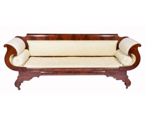 A WILLIAM IV MAHOGANY SETTEE the pad upholstered back with scrolling arms to either end and button pad upholstered seat, all 