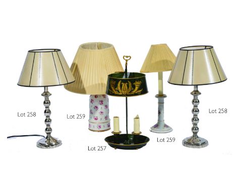 A 20TH CENTURY PORCELAIN TABLE LAMP decorated with floral sprays, gilt metal  mount with cream silk shade, approximately 50cm