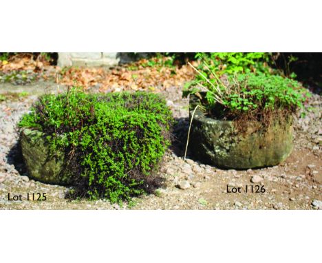 AN ANTIQUE STONE TROUGH with rounded end, 55cm wide