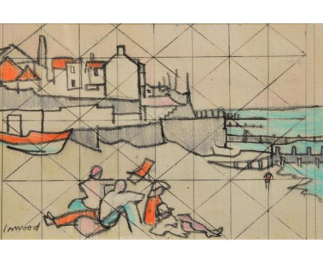 DEREK INWOOD  'East Beach' sketch gridded up for enlargement, signed in pencil lower right inward, 7cm x 16cm 