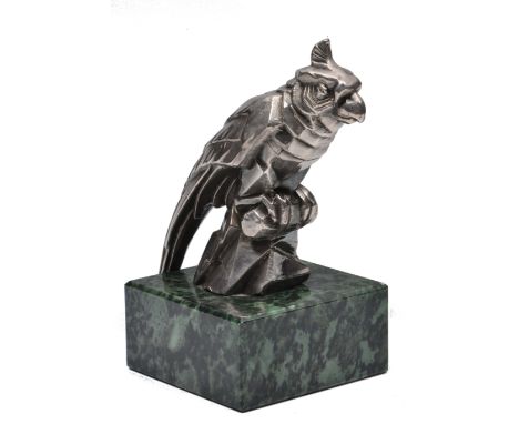 AFTER FRANK BASIN, CHROMIUM PLATED ART DECO STYLE CAR MASCOT in the form of a cockatoo seated on a perch and a naturalistical