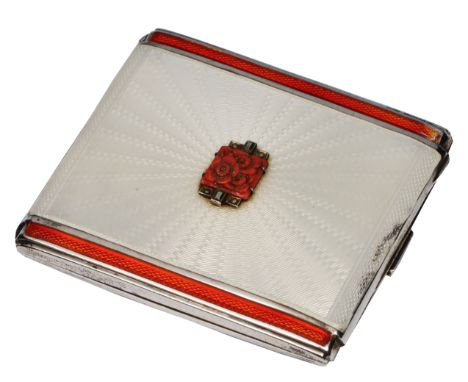 A SILVER AND ENAMELLED CIGARETTE CASE by Asprey of London, the lid with pink coral and marquisette setting on a white engine 