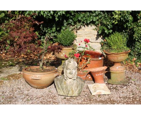 A GLAZED STONEWARE GARDEN PLANTER, with four handles, 27cm high; and further various stoneware and terracotta garden planters