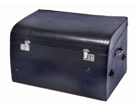 A BLACK CANVAS COVERED DOMED TOPPED AUTOMOBILE TRUNK with carrying handles to the side and red canvas lined interior, 27cm wi