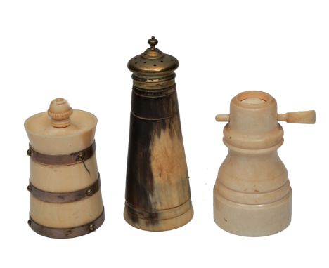 AN ANTIQUE IVORY AND SILVER MOUNTED SPICE GRINDER, 8.5cm high and another with ring turned decoration and a horn caster with 