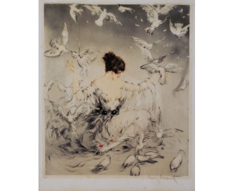 LOUIS ICART  An early 20th century coloured etching of a female figure amongst doves, signed and numbered 68, 38cm x 35cm 