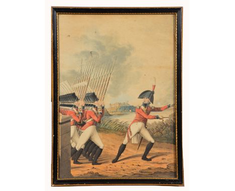 A 19TH CENTURY LITHOGRAPH depicting a British Officer leading his troops into battle 45.5cm x 34cm