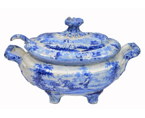 A 19TH CENTURY BLUE AND WHITE SOUP TUREEN AND COVER and a blue and white ladle, the tureen decorated in the Pastoral pattern 