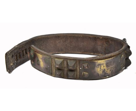 A LEATHER AND BRASS STUDDED DOG COLLAR labelled 'W Spurrett, Aston, Oxon, together with a painted plaster profile model of a 