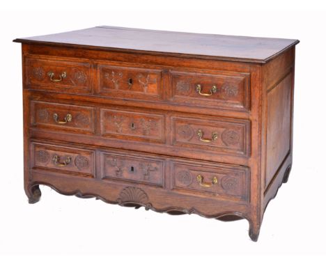 AN 18TH CENTURY FRENCH OAK COMMODE, fitted with three long drawers with carved rosette and tree ornament and with scalloped c