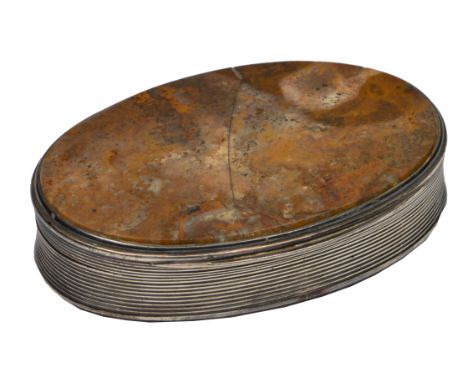 A GEORGE IV OVAL SILVER AND HARDSTONE SET SNUFF BOX with reeded edge and marks for Birmingham 1829 and makers mark of Nathani