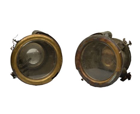 A PAIR OF J & OLDFIELD LTD. ACETYLENE BRASS AUTOMOBILE HEADLAMPS for fork mounting cables to the top and front 'Radiumlyte' a