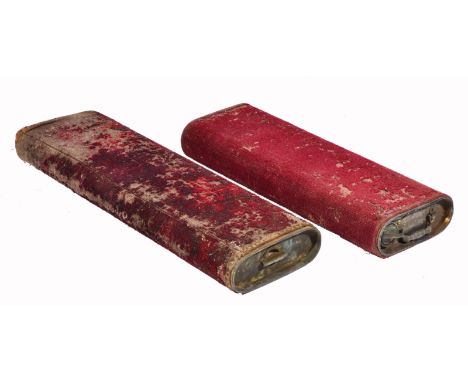 AN OLD BRASS AND CARPET COVERED AUTOMOBILE OR CARRIAGE FOOT WARMER with carrying handles and instructions for one end, 58cm l