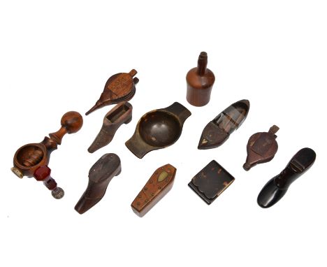 A COLLECTION OF TWELVE TREEN AND OTHER OBJECTS to include a nut cracker, two boxes in the form of bellows, three shoe boxes, 