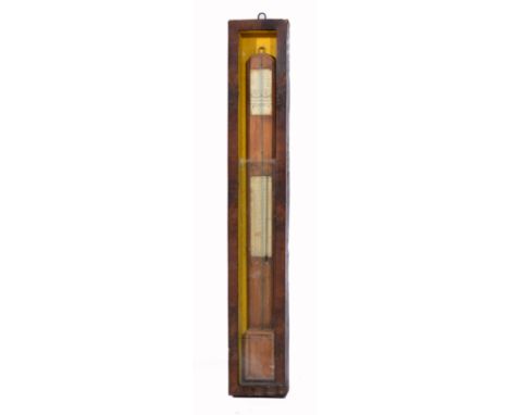 AN 18TH CENTURY ITALIAN STICK BAROMETER by Paolo Vista within a mahogany cross banded hanging display case 97cm tall overall 