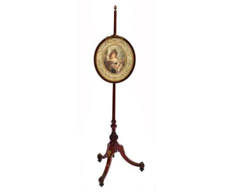 A 19TH CENTURY MAHOGANY POLE SCREEN with gilt metal pine cone finial, the oval screen with a print on silk set within a gold 